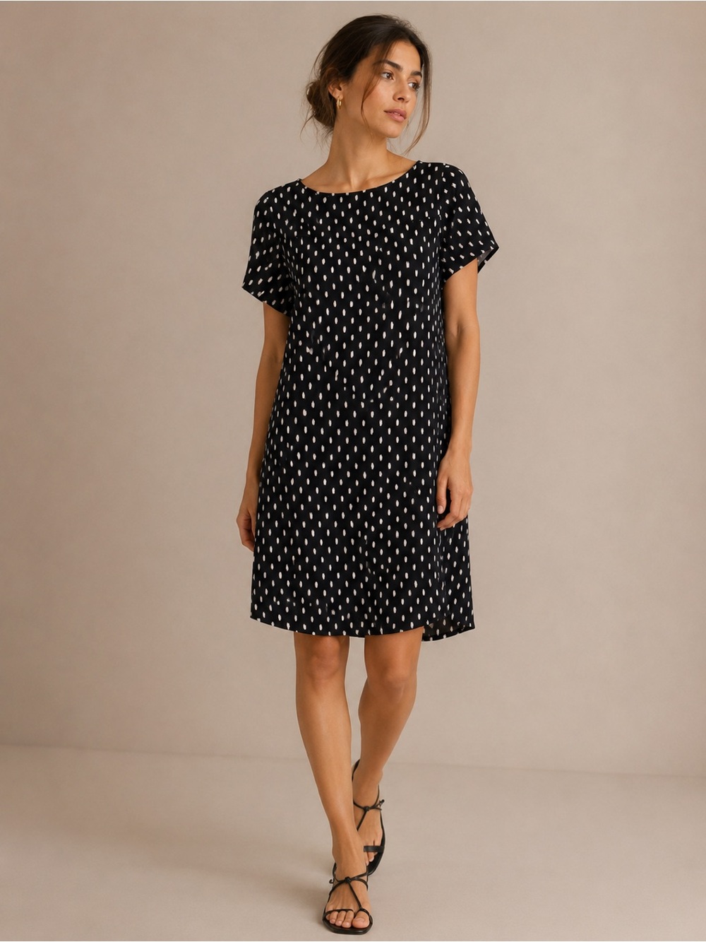 J.Jill Black Dot Print Short Sleeve Minimalist Shift Dress Size Large